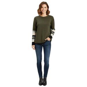 Lisa Todd Cotton Cashmere Colorblock Deep Olive Sweater Size M